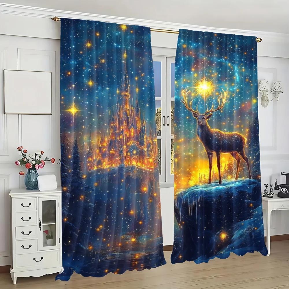 2pc,  Drapes Forest Deer and Celestial Elements Versatile Polyester,Without Electricity Spring Party & Holiday Decor Applies to