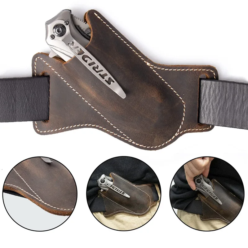 1PC Leather Knives Sheaths Folding Knives Carrier Survival Waist Belt Clip Bag Folding Knife Anti-scratch Leather Cover Pack