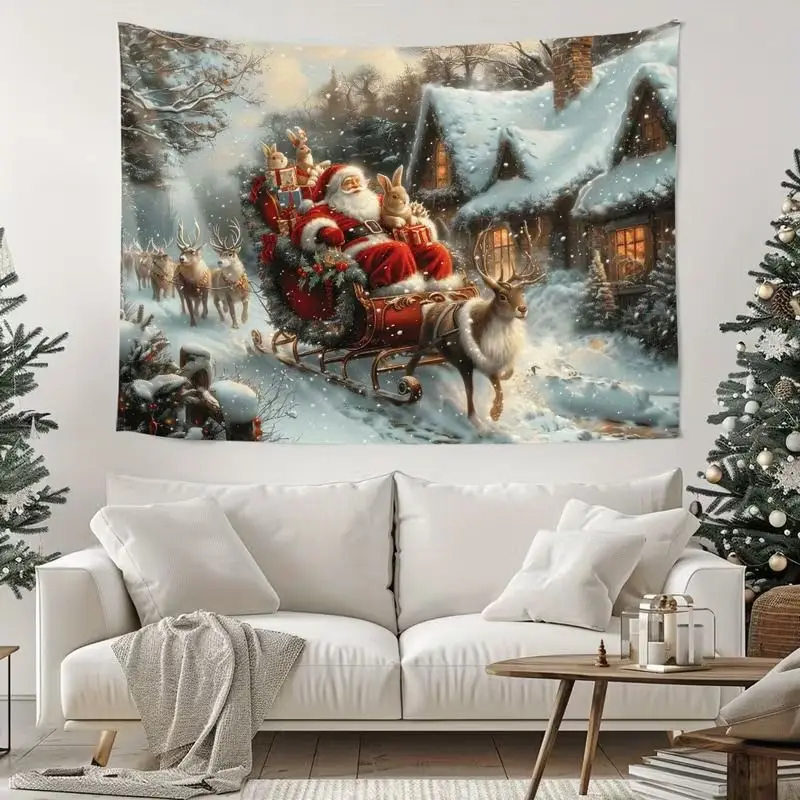 VIKAMA Santa Sleigh Tapestry Reindeer Rabbit Snowy Village Vintage Soft Washable Wall Hanging Bedroom Christmas Holiday Decor