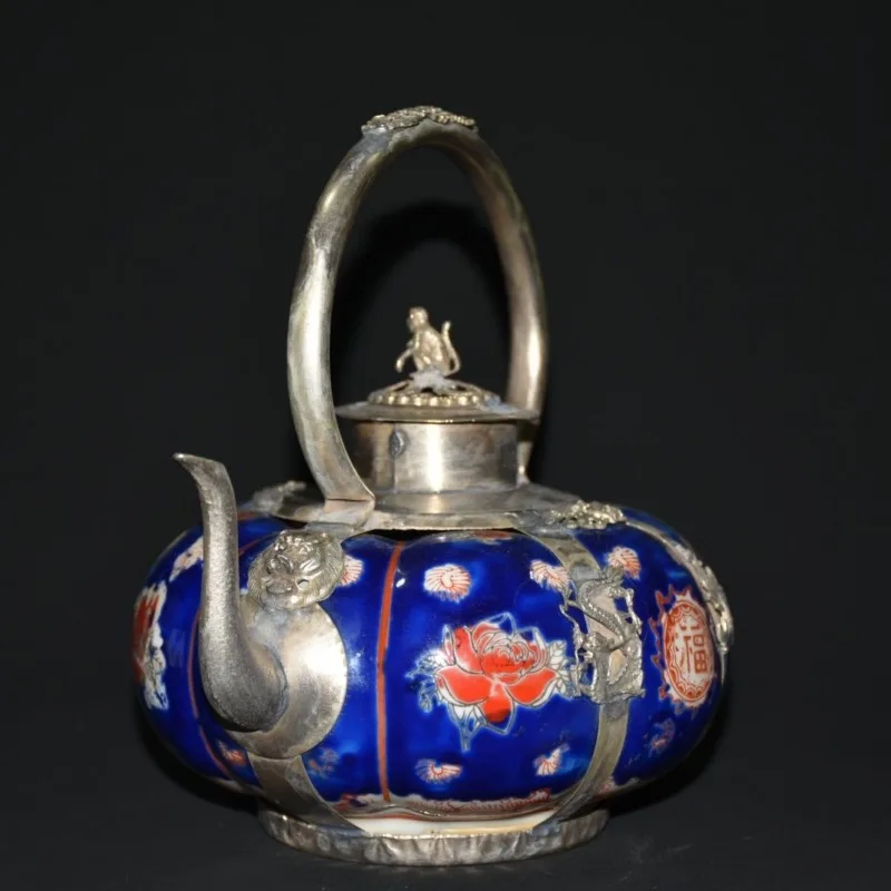 Antique Blue Glaze Pumpkin Shaped Ceramic Teapot Silver Mounted Dragon Pattern Vintage Home Decor Statue Living Room Decoration