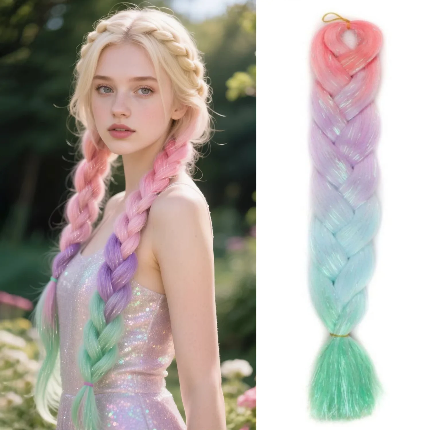 Rainbow Kanekalon Pre-Stretched Jumbo Braiding Hair Ombre Sparkle Synthetic Crochet Hair Extensions for Women Party Festival