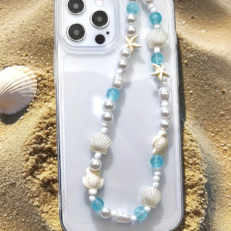 Blue Sea Star Shell Beaded Phone Chain For Phone Case Charm Strap Wrist Trendy Pendant For iPhone Samsung Universal Accessories
