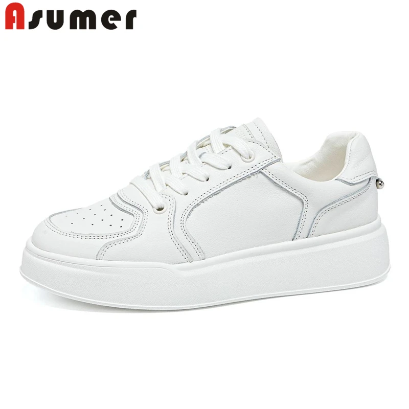 

ASUMER Size 35-43 New Genuine Leather Shoes Women Sneakers Lace Up Platform Flats Small White Shoes Casual Footwear