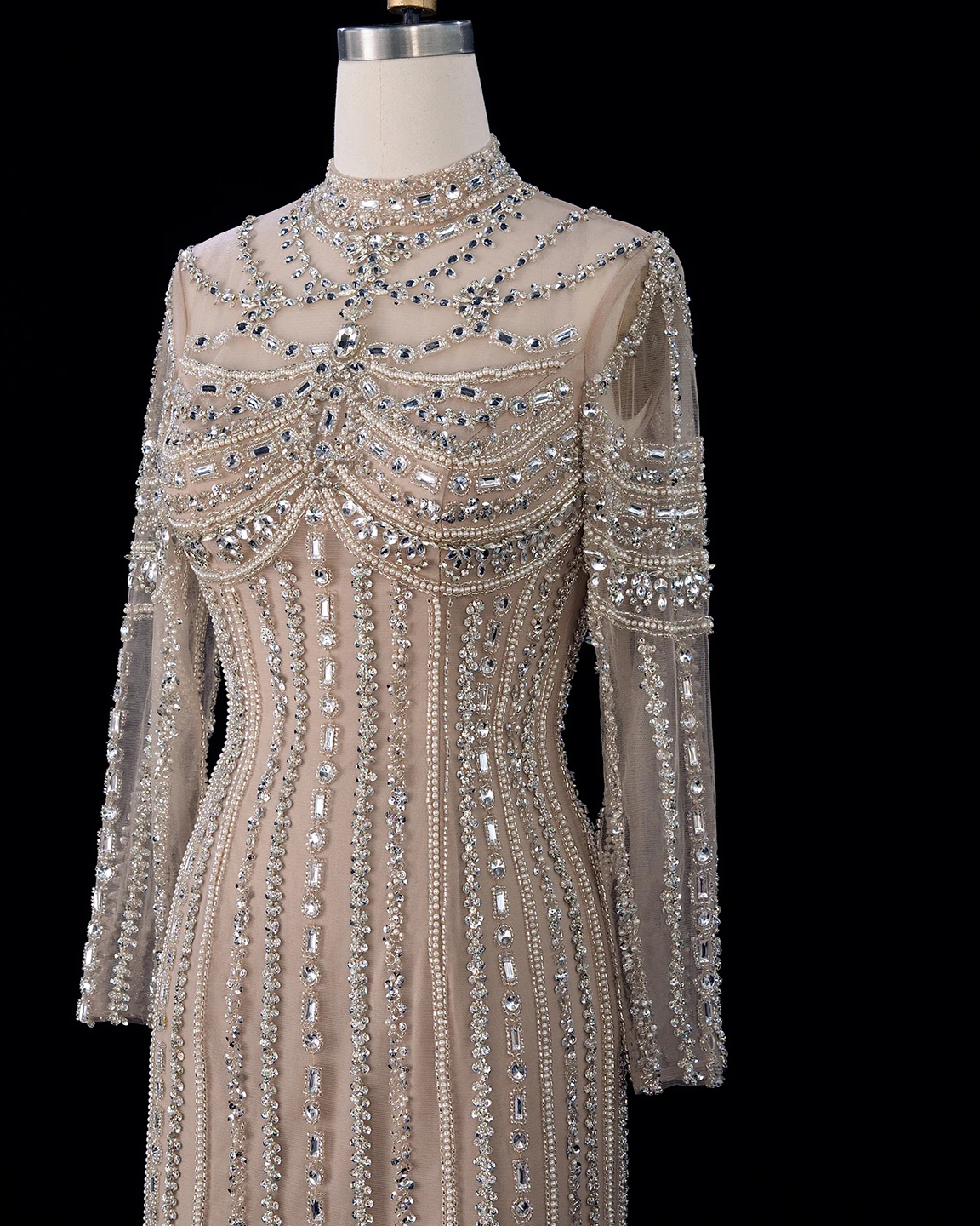Sharon Said Abendkleid Elegantes Meerjungfrauenkleid mit hohem Halsausschnitt, Tüll, langen Ärmeln, Kristallen, Dubai, formelle Party, Hochzeitskleider SS195, maßgeschneidert – Detail 8