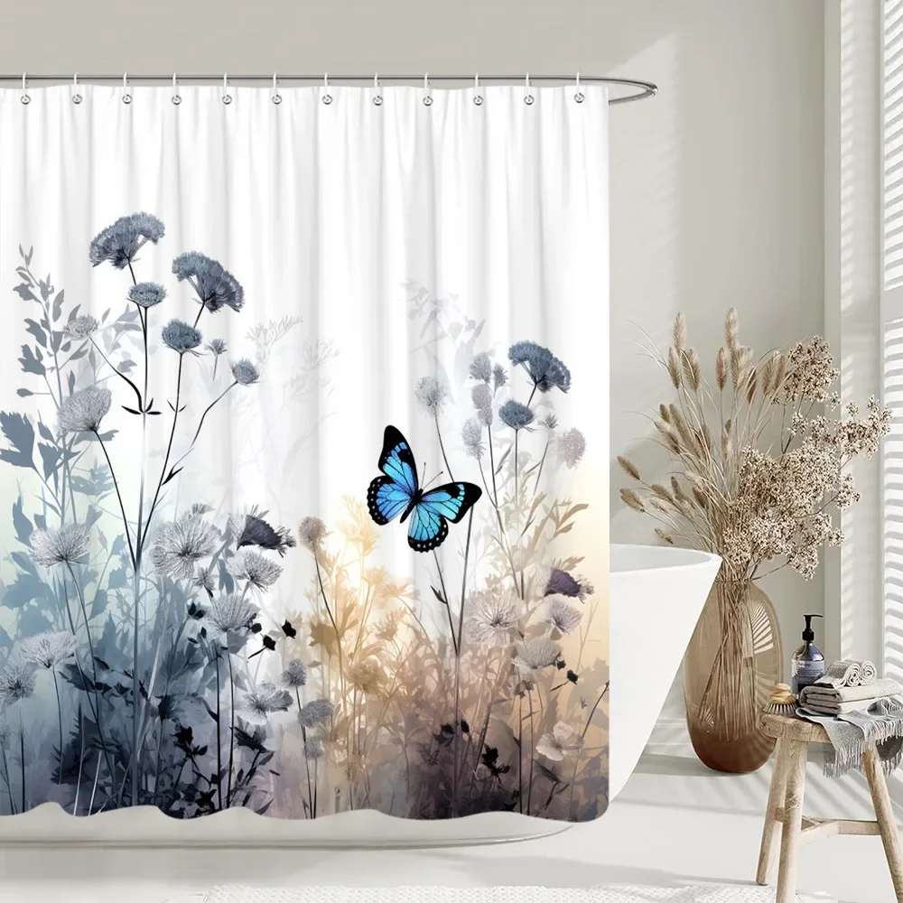 Vintage Floral Butterfly Shower Curtain Rustic Flower Leaf Botanical Shower Curtain For Bathroom Decor Polyester Bath Curtains