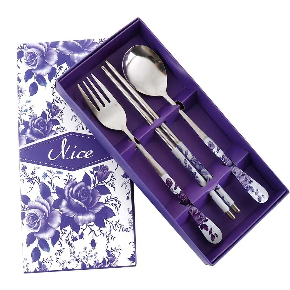 3pcs/set Stainless Steel Portable Tableware Set Blue and White Porcelain Pattern Utilitality Chopsticks Spoon Fork Gift Box