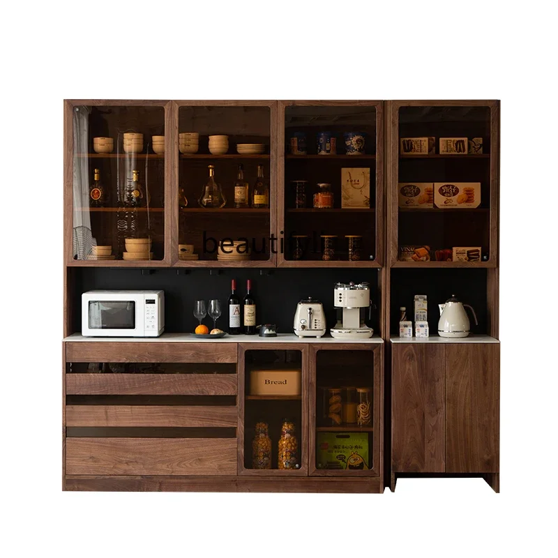 

Dinner side wine cabinet, black walnut storage cabinet, rock slab solid wood integrated against the wall