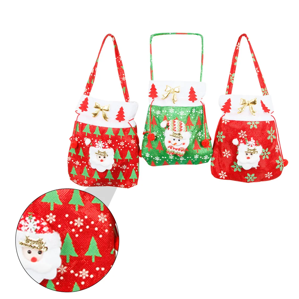 

3Pcs Christmas Gift Bags Cloth Candy Holder Santa Claus Print Durable Reusable Party Gift Packaging Ornament Candy Wrapping