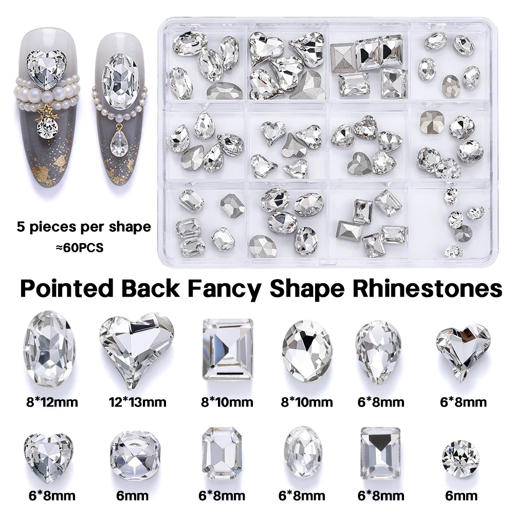 3D Flat Bottom Special-Shaped Diamond & Super Flash Pointed Bottom Nails Art White Crystal Rhinestone DIY Charms