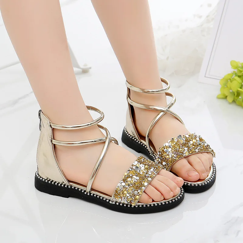 2020 Princess Leather Sandals For Girl Summer Sequins Princess Shoe Children\'S Sandals Kids Little Girl 3 4 5 6 7 8 9 10 11 Year