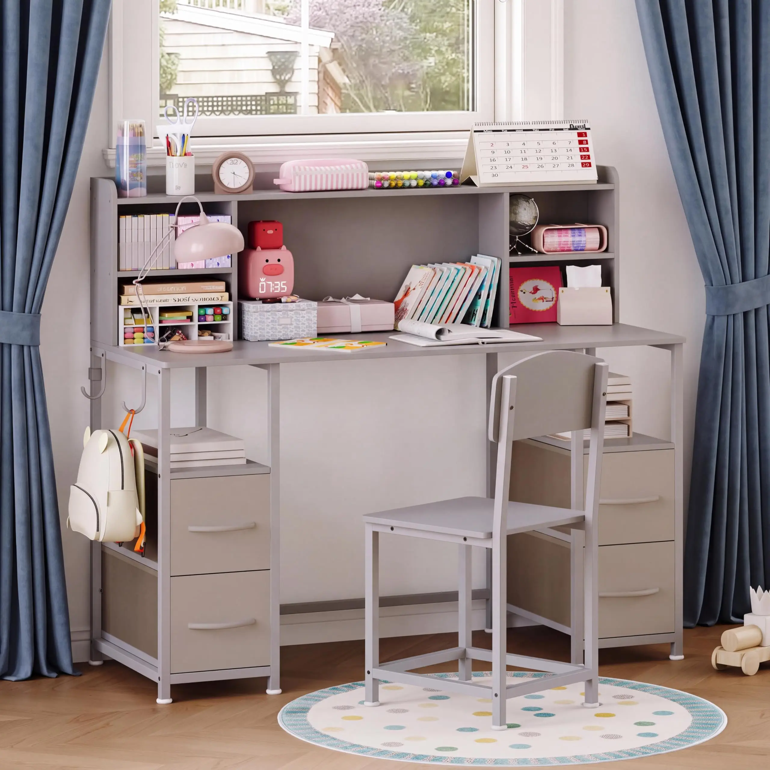 47.2 Inch Kids Desk And Chair Set With Hutch And Storage, Sturdy Metal Frame Kids Study Table For Ages 6 To 12, 4 Fabric Drawers, Detachable Hooks, Ergonomic Chair, Waterproof Top - view 4