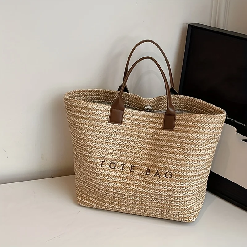 Handheld large capacity commuting letter embroidered woven bag, women's fashionable casual grass woven bag, tote bag, handbag image 6