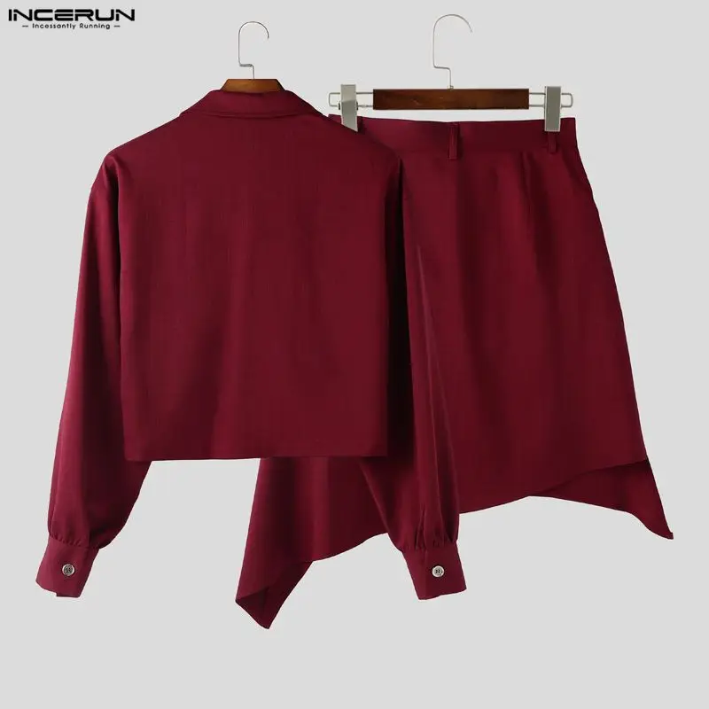 

INCERUN Men Sets Solid Lapel Long Sleeve Crop Jackets & Skirts Two Pieces Sets Personality Streetwear Fashion Men's Casual Suits