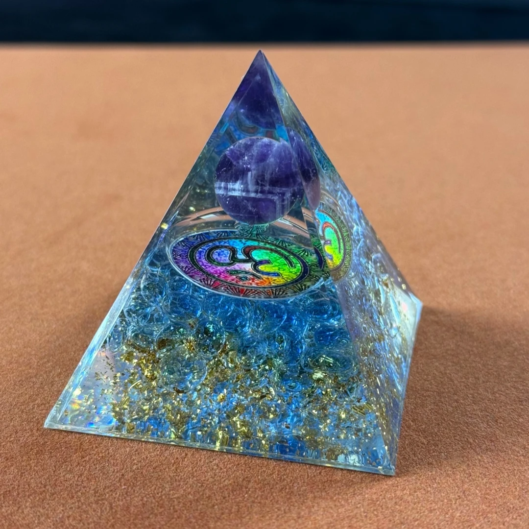 Natural Blue Crystal Chips Orgonite Pyramid Om Pattern Amethyst Sphere  Yoga Meditation Home Office Decoration Gift