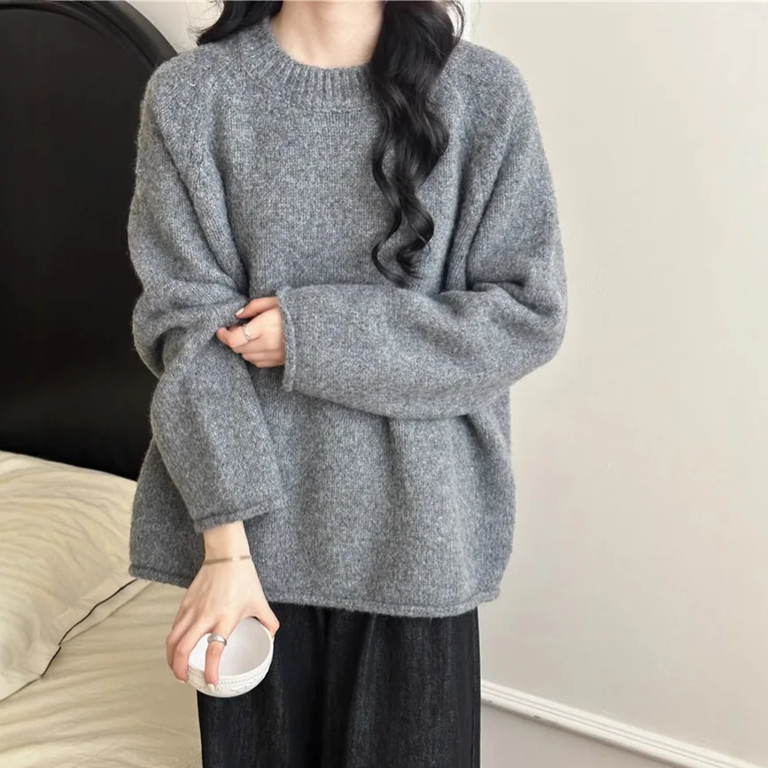 

Women Solid Pullovers Sweaters Knitted Jumpers Rolled Hem O Neck Long Sleeves Loose Slight Strech Office Lady Casual 2025 Autumn