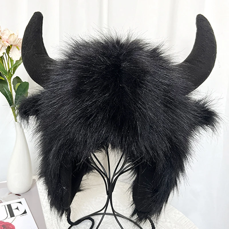 3Color Thick Plush Fluffy Cow Horn Hat Personalized Warm Soft Winter Autumn Outdoor Ski Sport Travel Halloween Party Cosplay Cap