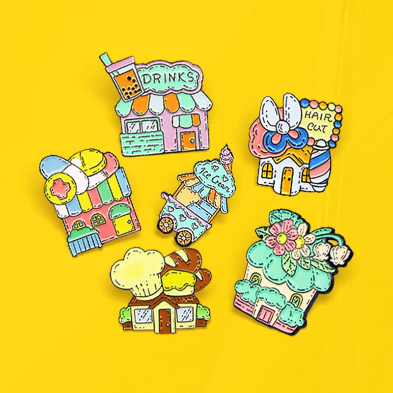 Enamel Pins Pharmacy Florist Bakery Dessert Shop Pin For women Badge Jewelry Gift Cute Fun Drink Pearl Hair Cut ice cream Shop