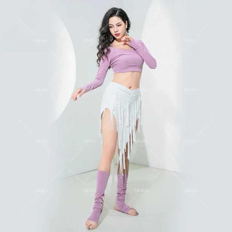 Belly Dance Costume for Women Winter Long Sleeves Top and Short Fringe Skirt Training Clothing Girl's Oriental Bellydance Wear