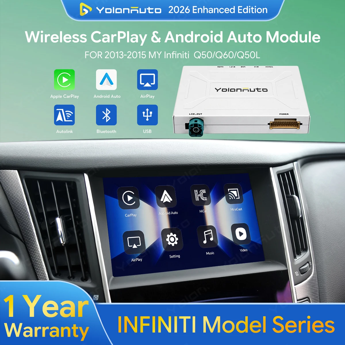 YolanAuto Wireless Carplay & Android Auto Retrofit box for Infiniti Q50/Q60/Q50L 2013-2015 MY MirrorLink AirPlay USBFlash