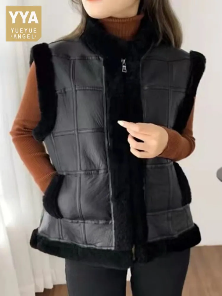 

Women Genuine Leather Vest New Winter Thick Warm Wool Lining Waistcoat Zipper Casual Stand Collar Sleeveless Sheepskin Jacket