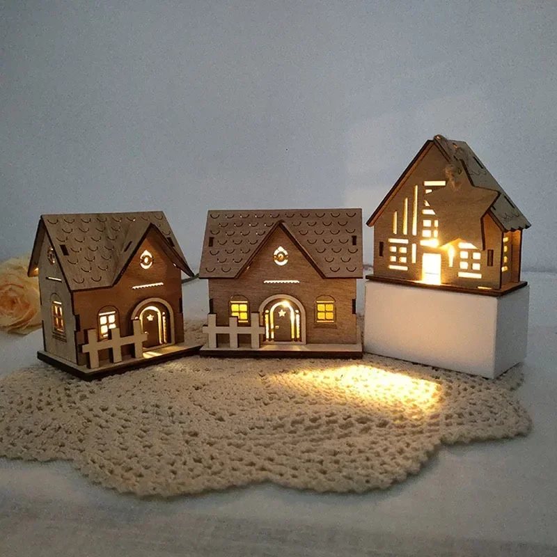 Christmas wooden light-emitting cabin ornaments small house home holiday wooden crafts ornaments