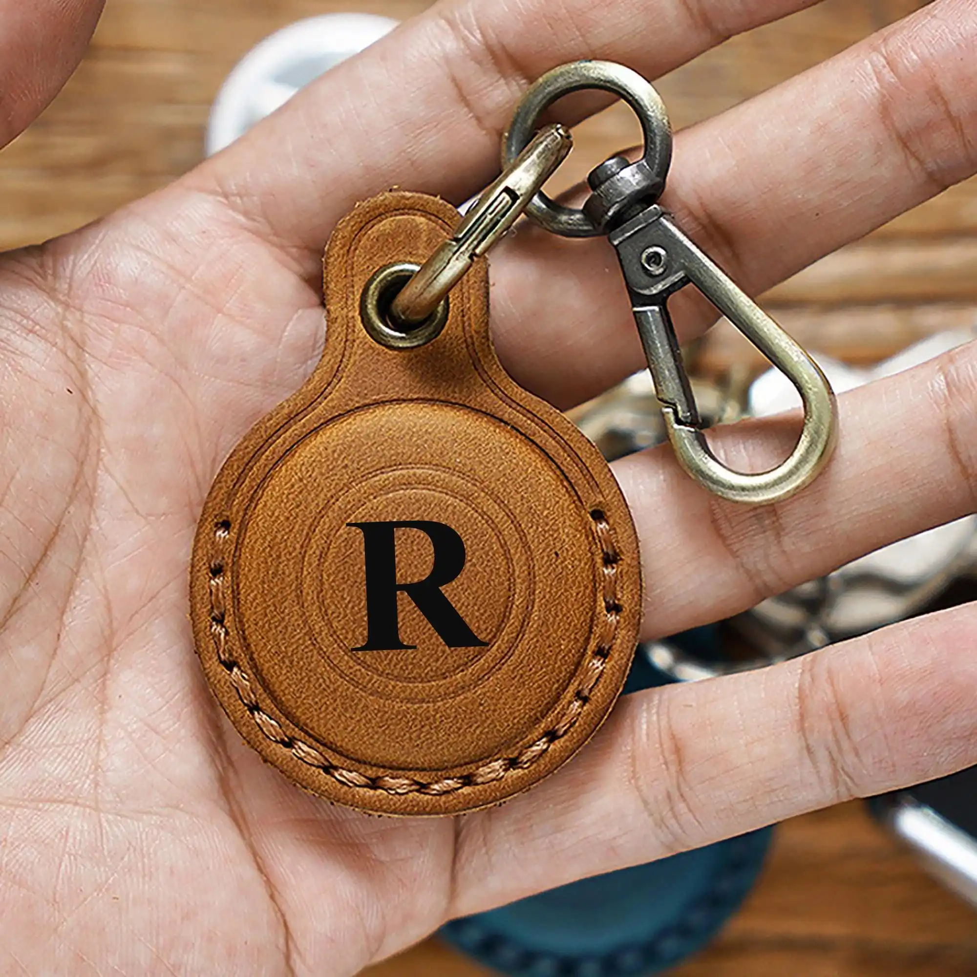 

"Custom Free Laser Engraved Genuine Leather AirTag Holder, Handstitched Keychain Tracker Case – 2.4×1.8in 20g"