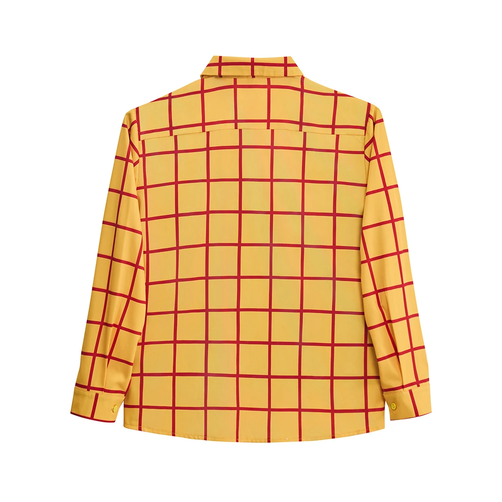 Sheriff Cowboy Woody Cosplay Costume Shirt Men Yellow Plaid Grid Button Down Blouse Anime Character Costume Fancy Dress Tops view 2