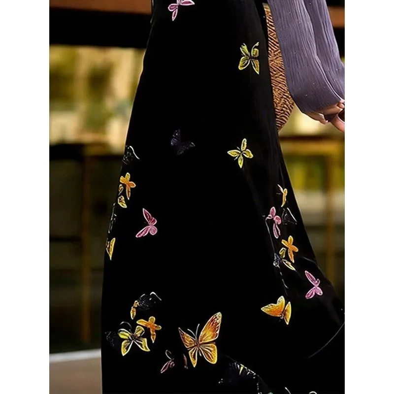 New French Fashion Retro Skirt Women High End Elegant Casual High Waist Slim Butterfly Print A-line Skirts Office Lady Jupe