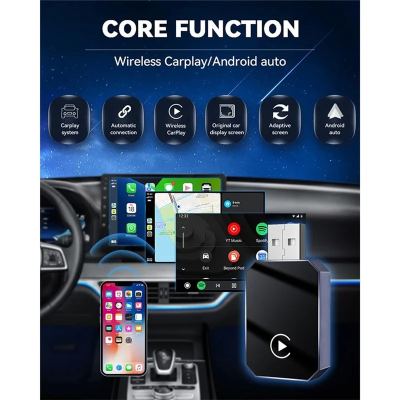 

Y45A-Wireless Carplay Adapter Upgraded For IOS & Android Auto - Bluetooth 5.0, Plug & Play, Auto-Connect, Voice Control