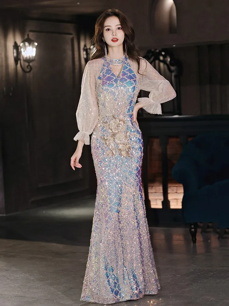 Sequined adult-style banquet fishtail light luxury niche haute couture tassel host heavy dress view 2