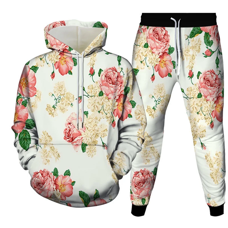 패션 플로럴 플라워 3D 프린트 후드티 팬츠 세트 남성 스웨트셔츠 스웨트팬츠 스트리트웨어 투피스 수트 트랙수트 남성 의류