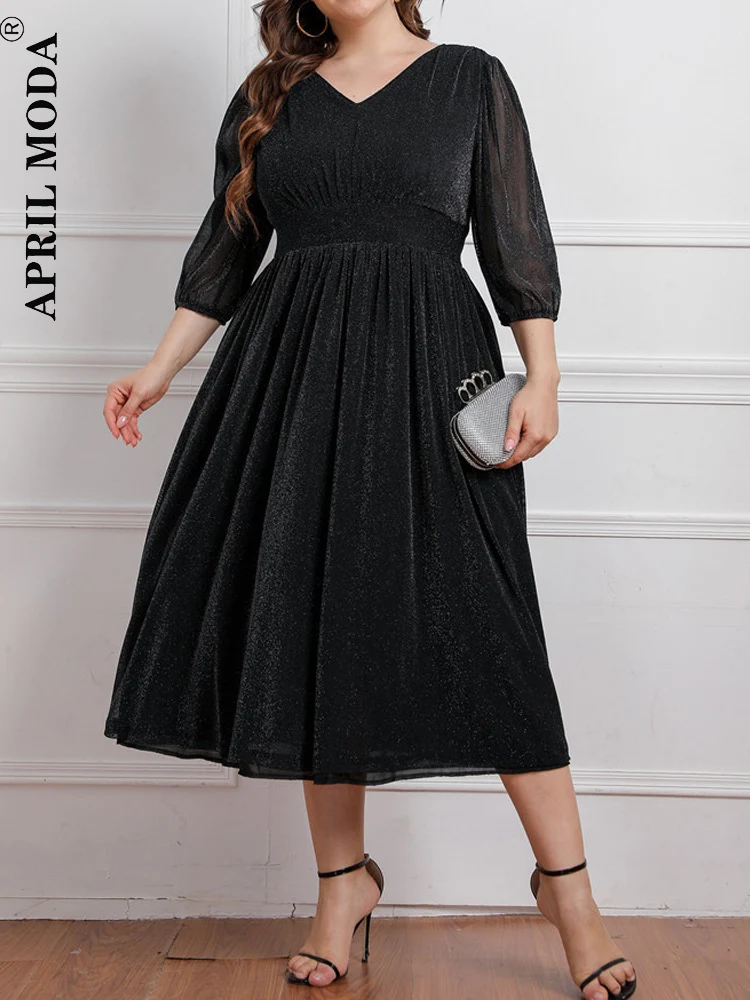 2024 Oversized 3XL 4XL Black Midi Long Casual Women's Dress V Neck 3/4 Sleeve Runway A Line Flare Retro Vintage Evening Dresses