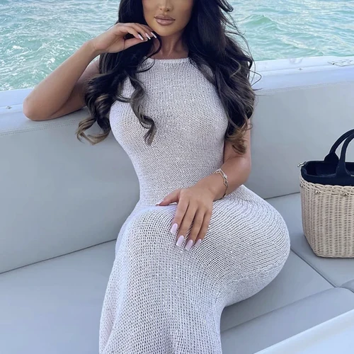 Imagen 2 del producto Vestido largo sin espalda para vacaciones en la playa, cubierta de playa con lentejuelas caladas de punto, moda elegante de verano para mujer