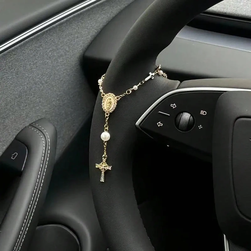 Steering Wheel Rosary Ornament Beaded Pendant Car Interior Decor Evil Eye Virgin Mary Religious Fashion Accessory