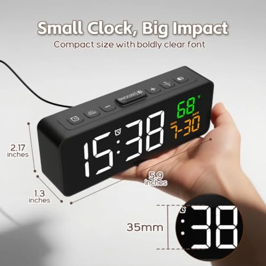 3-in-1 Digital Clocks for Living Room with Temperature, Date and Time Display - 4 Levels Birghtness, 3 Volumes, Small and Compa