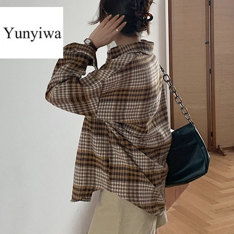 Winter Women Vintage Oversize Woolen Plaid Shirt Pockets Batwing Sleeve Turn-Down Collar Thick Blouse Autumn Casual Warm Outwear