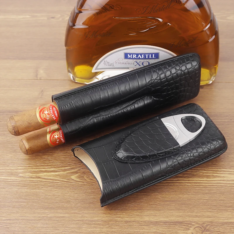 Leather Cigar Case 2 Tubes Travel Portable Cigars Holder Sharp Cutter Carrying Humidor Cigar Accessories Gift for Boyfriend