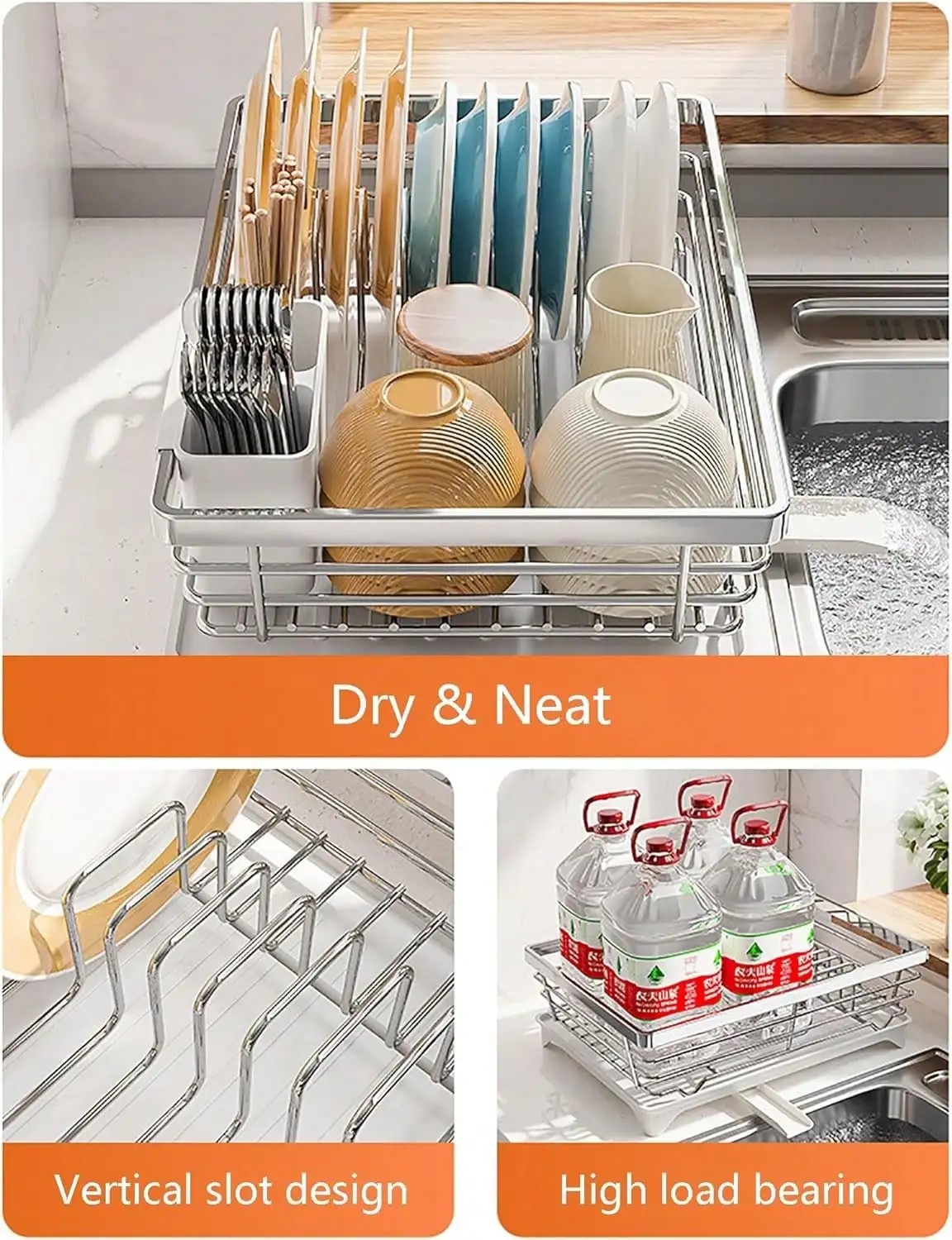 Dish Drying Rack,Large Stainless Steel Rust Resistant Dish Rack For Kitchen Counter,Dish Drainer With Utensil Holder And Drainbo