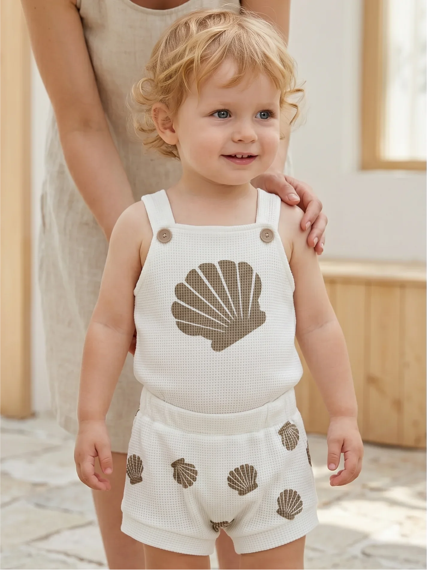 2PCS Summer Boys Girls Baby Forest Style Casual Style Clothes， Shell Print Strap Jumpsuit + Shorts Suitable for 0-18M