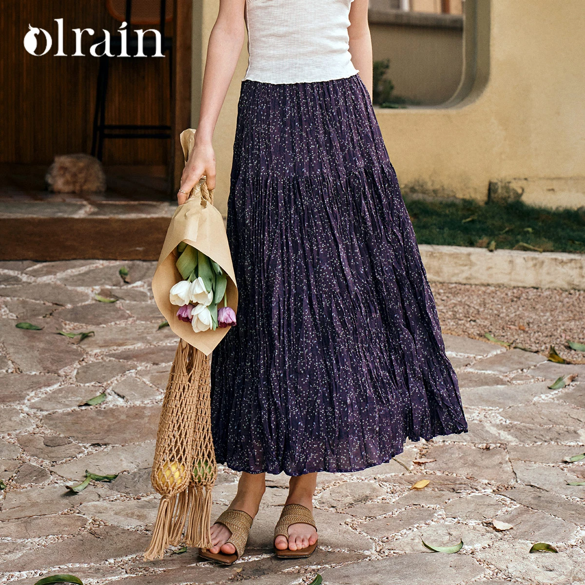 OLrain Women's Maxi Dress Fashion 2026 Summer Floral Female Chiffon Purple High-waisted Skirts Ladies Clothing O57XB99511