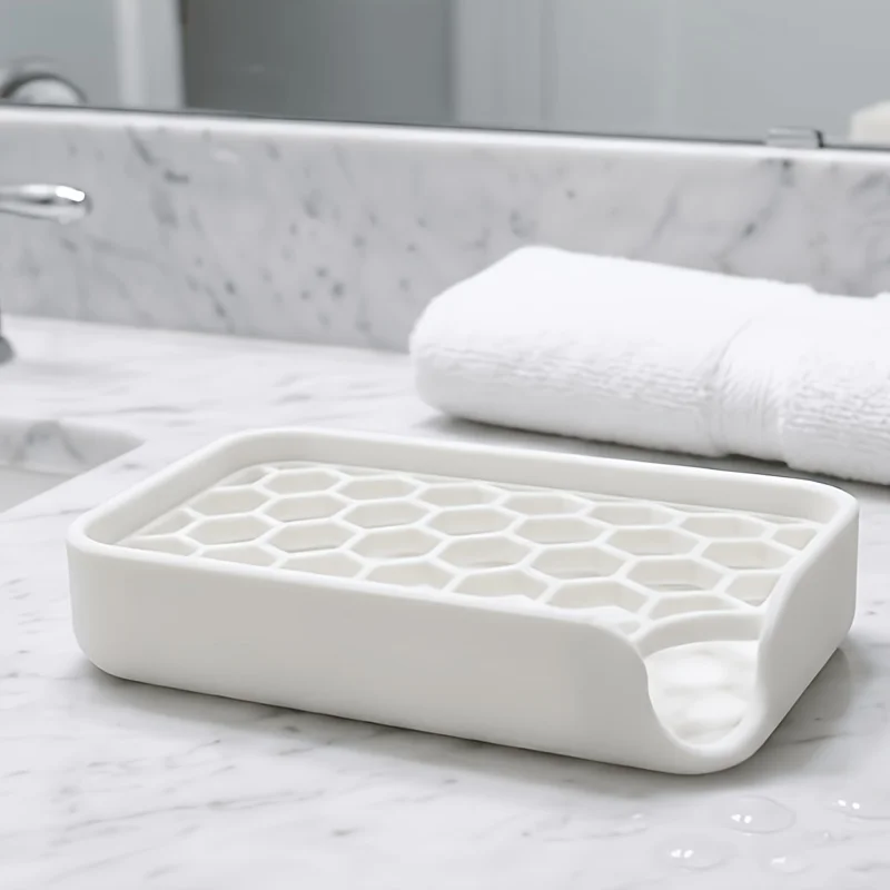 Creative Honeycomb Soap Dish Holder with Self Draining Tray, 3D Printed Rectangular Soap Saver Box Case for Bathroom Countertop