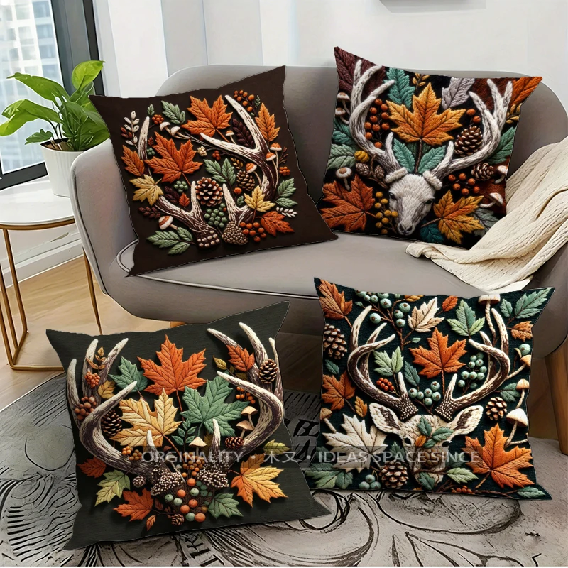 Fall Deer Antler Pillow Covers Pattern Cushion Cover Suitable for Sofa Bedroom Car Pillow Cover