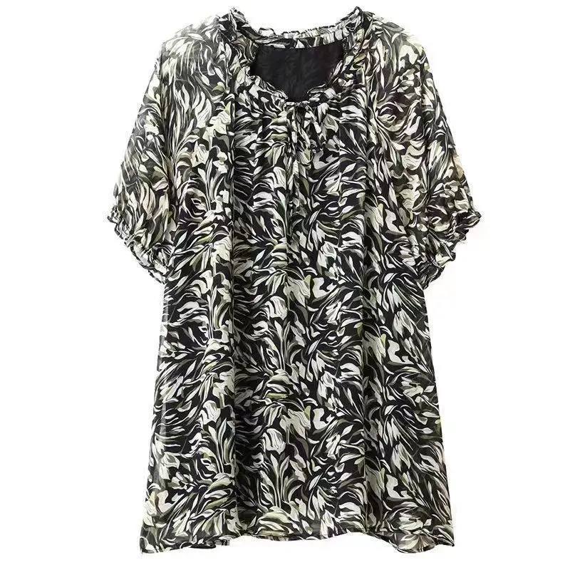 Blusa de gasa de talla grande 5XL para primavera y verano, ropa informal de manga corta con cuello en V para mujer, Jersey holgado Vintage, camisa