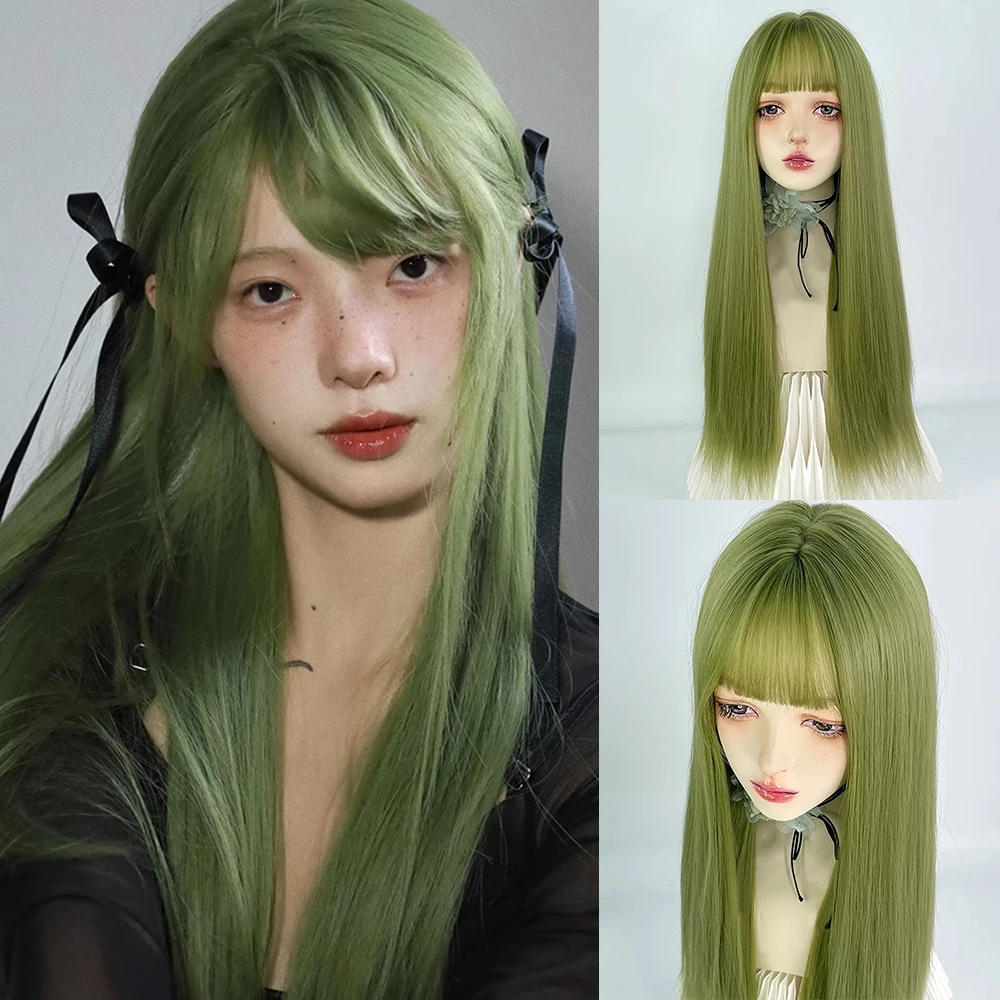 

Synthetic Long Straight Green Women Wig with Bangs Fluffy Lolita Cosplay Hair Heat Resistant Wig for Daily Party