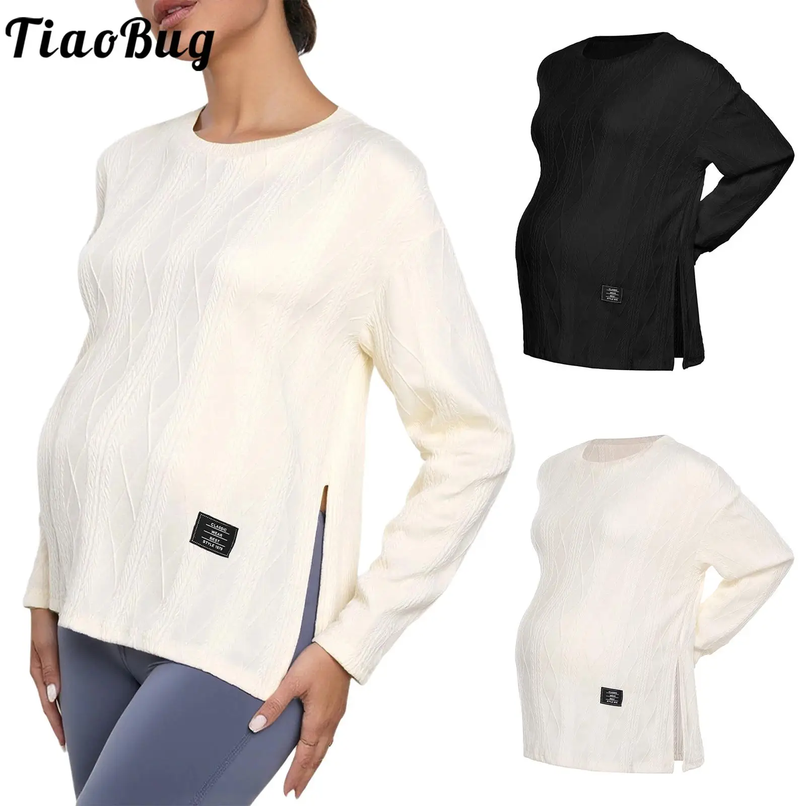 

Повседневные вязаные футболки для беременных, однотонные пуловеры с длинными рукавами и разрезом по бокам, футболка, весенне-осенняя одежда для беременных