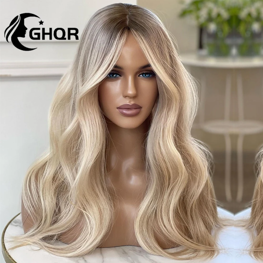 Menschliches haar volle spitze frontal perücke highligh braune wurzeln hd transparente schweizer spitze 13x4 spitze frontal blonde perücke natürliche welle ombre