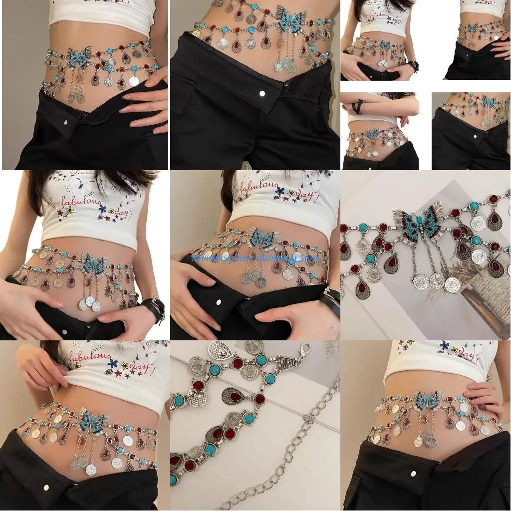 

573B Chain Belt For Women Waist Chain Elaborate Charm For Dress Butterfly Waist Chain