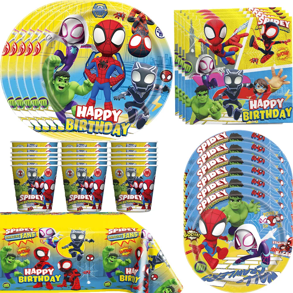 Cartoon Spiderman Themed Boy Birthday Party Decor Disposable Tableware Paper Plates Cups Kids Toys banner Baby Shower Supplies