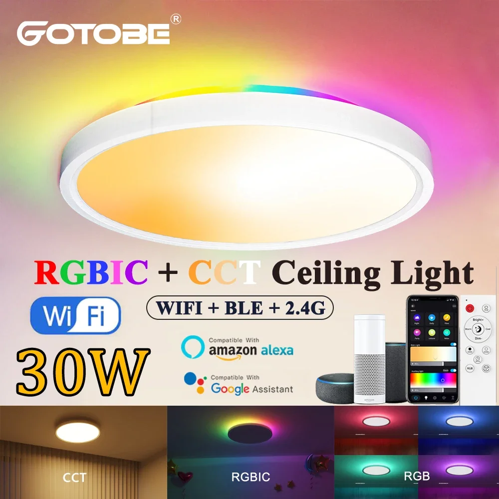 

Gotobe Smart WiFi 30W Led Ceiling lamp 100-240V RGBIC CCT Remote APP Voice Control Alexa Google Lights For Home Room Decor Light