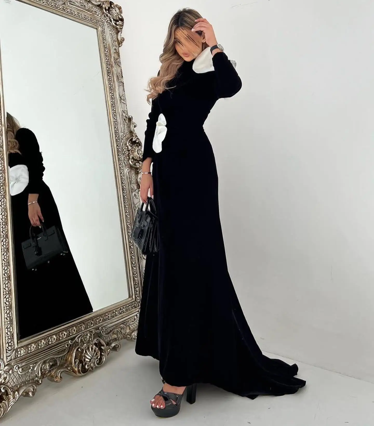 Jirocum A-Linie-Abschlussballkleid für Damen, hochgeschlossen, langärmelig, weiße Blumen, Party-Abendkleider, bodenlang, Kleid für besondere Anlässe